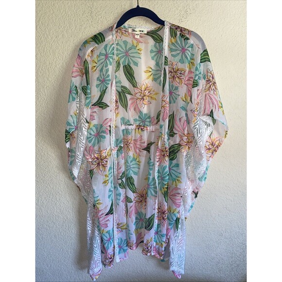 Miken Swim Cover Up Tropical Botanical Embroidered Tie Front Beach Pool L - Picture 1 of 6